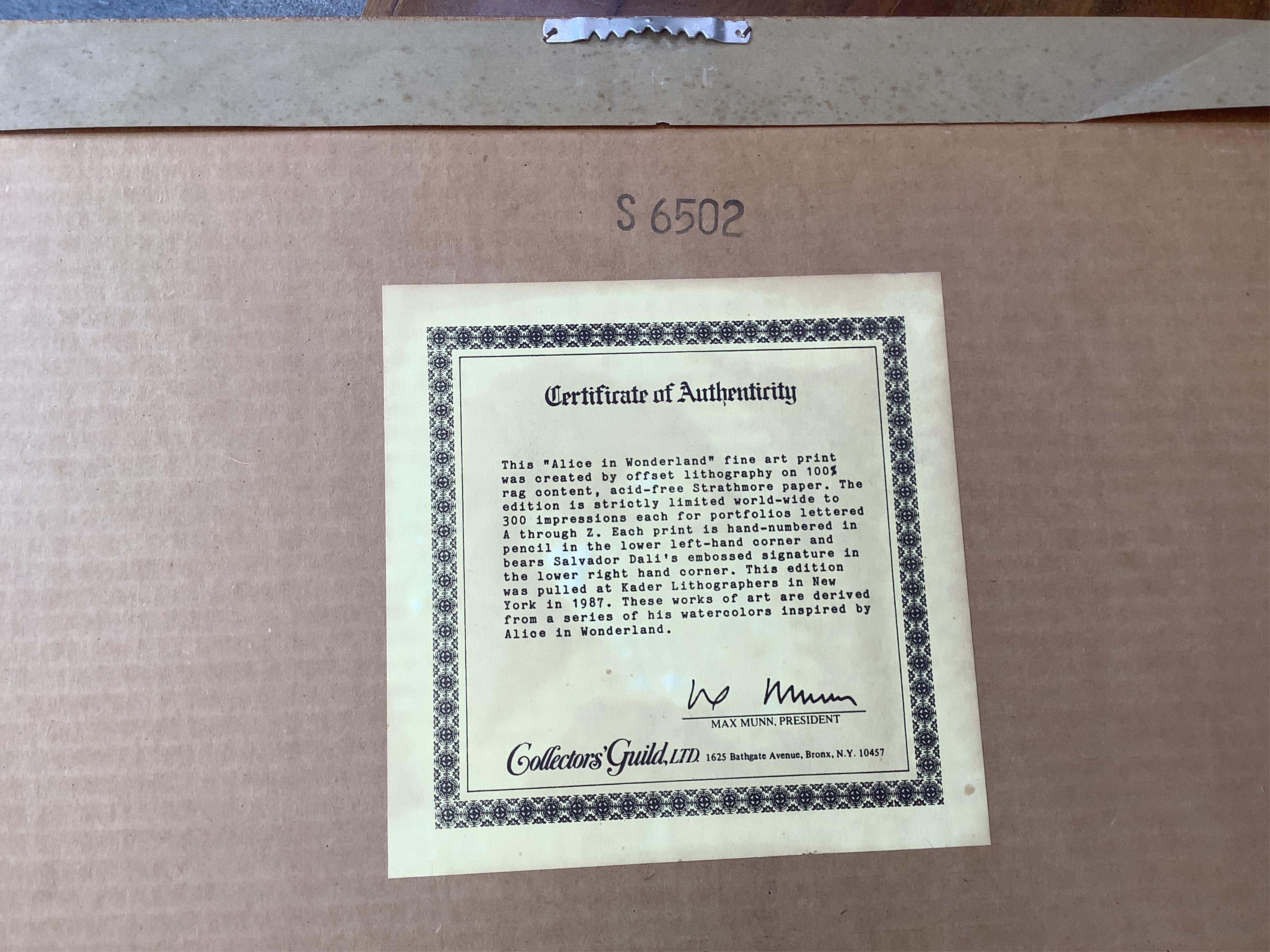 Salvador Dali (Spanish 1904-1989), colour lithograph, Alice in Wonderland, ‘Down the Rabbit Hole’, pencil numbered 83/300, facsimile signature, certificate of authenticity verso 56 x 37cm. Condition - fair